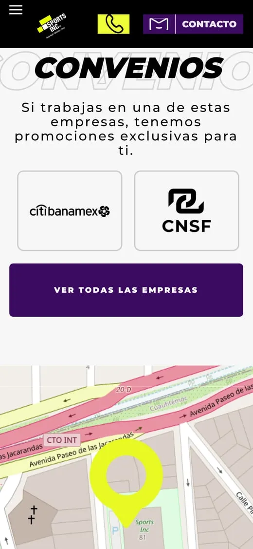 Pantalla del sitio de Sports Inc